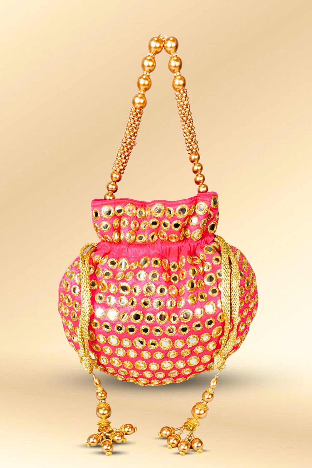Pink Mirror Work Potli Bag