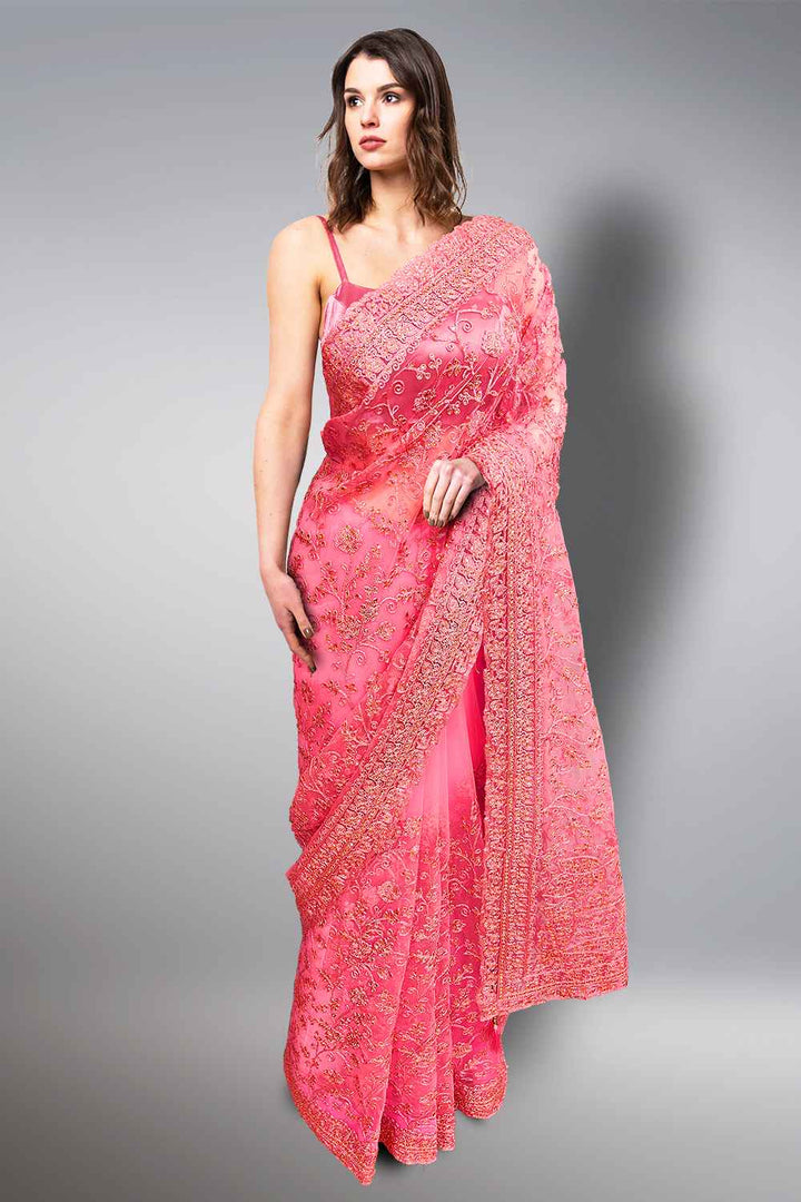 Pink Net Saree