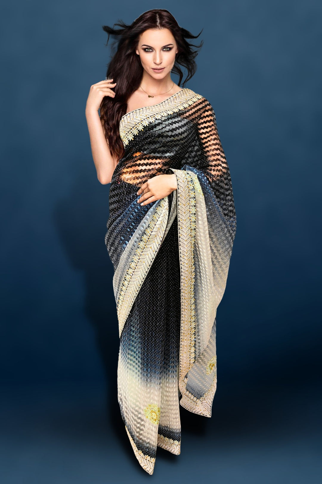 black stone work saree - black saree stone work -  black net saree with stone work