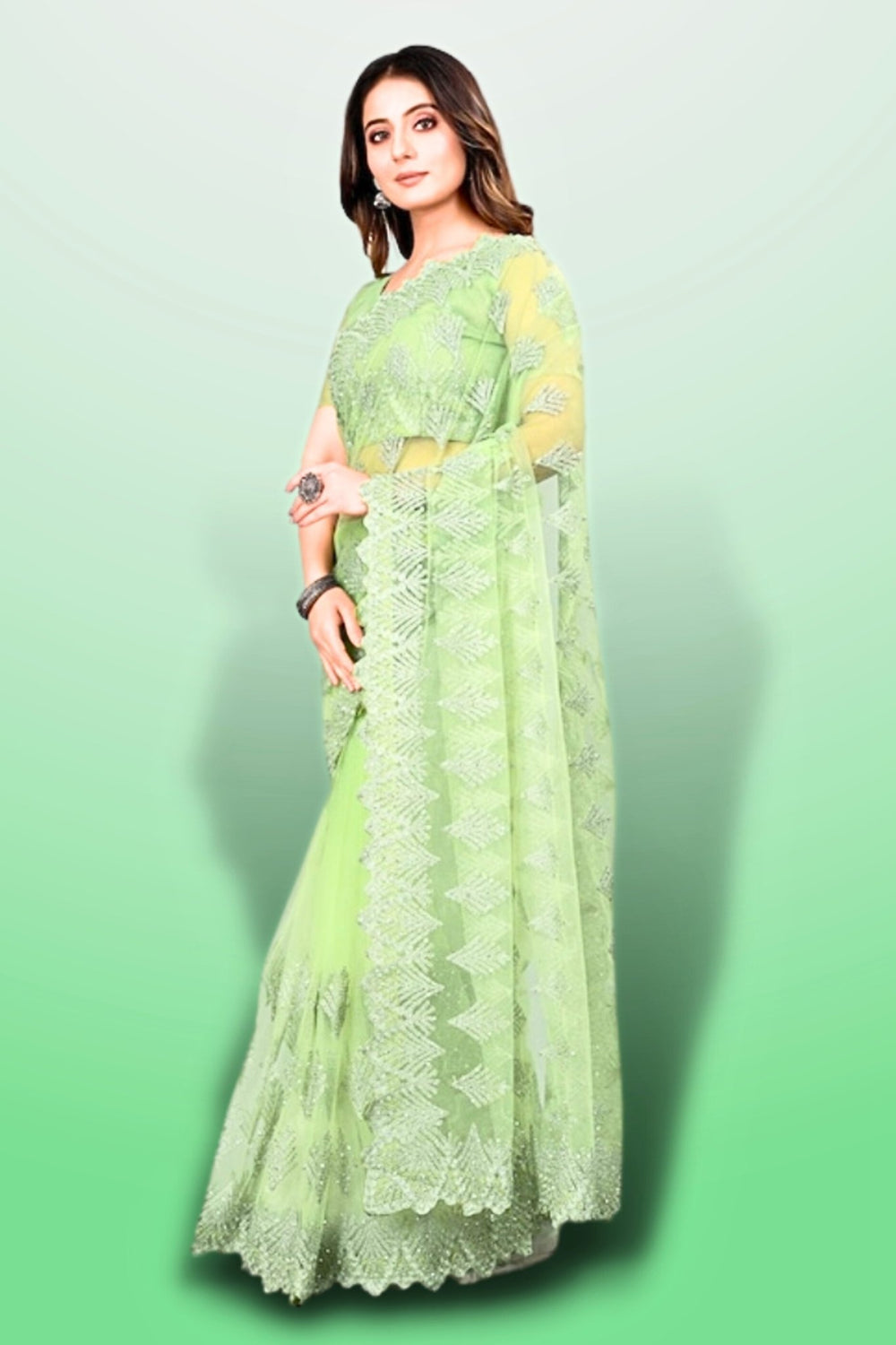 green net saree - light green net saree - pista green net saree