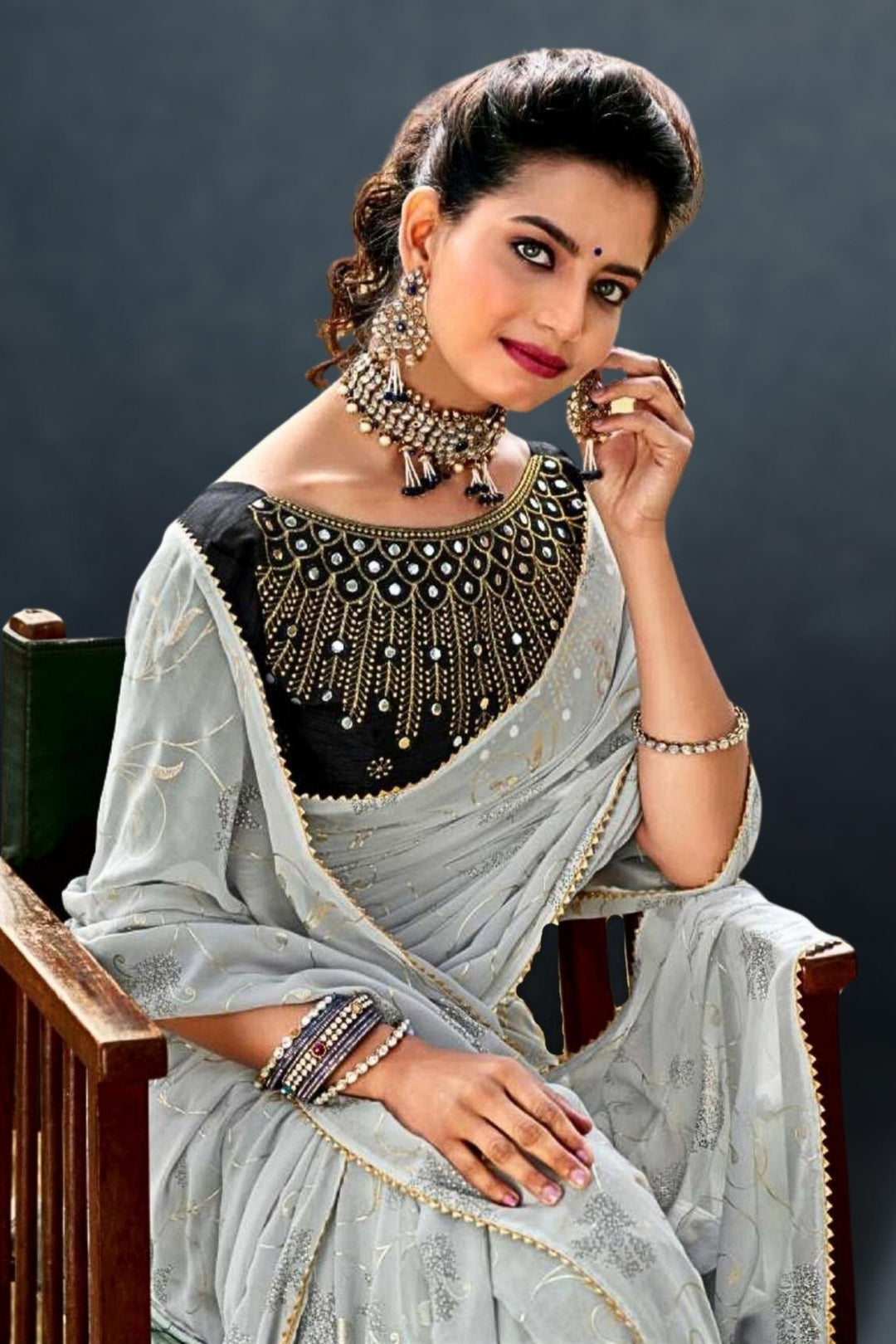 grey saree with black blouse - black and grey saree