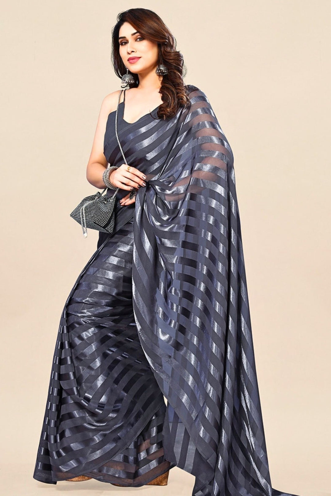 grey satin saree - plain grey satin saree