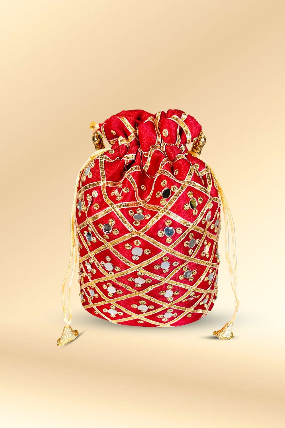 maroon mirror work potli bag