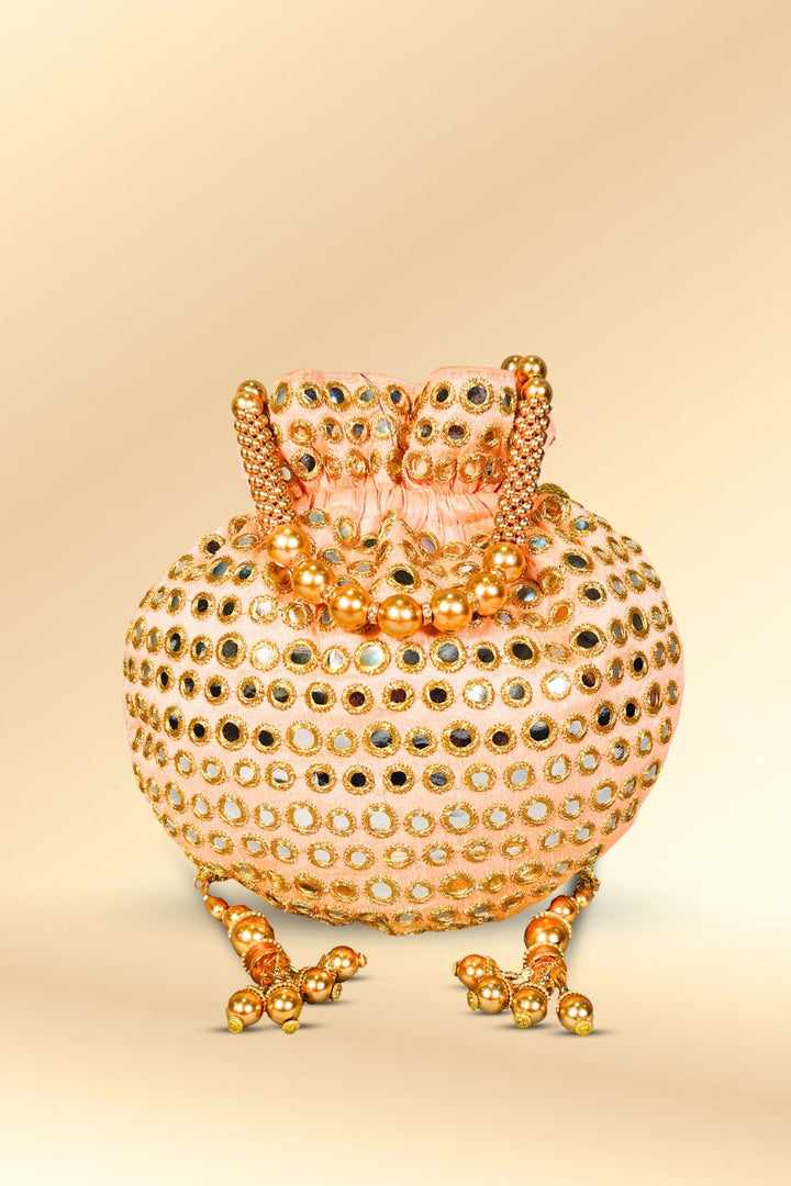 peach mirror work potli bag