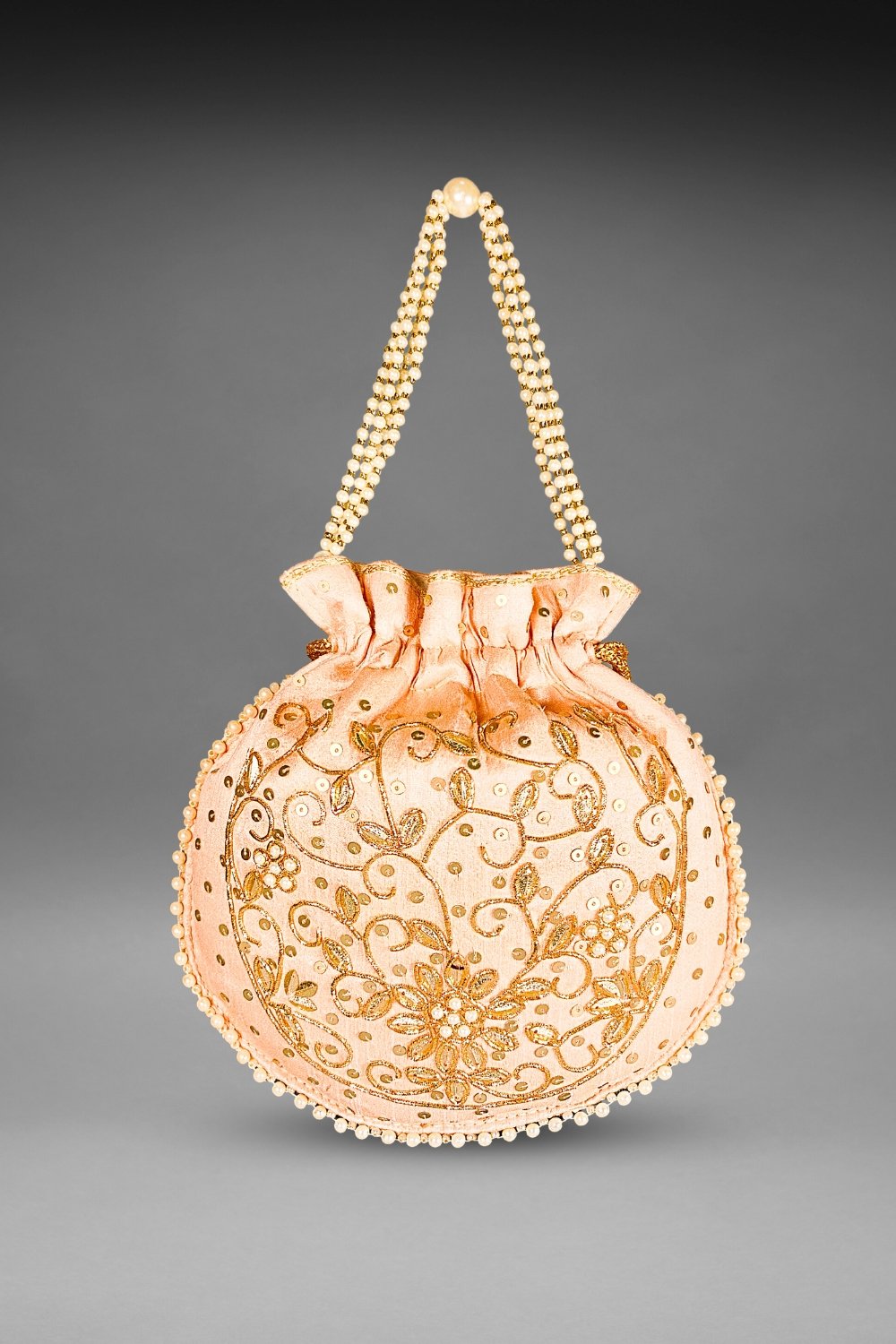peach pearl work potli bag