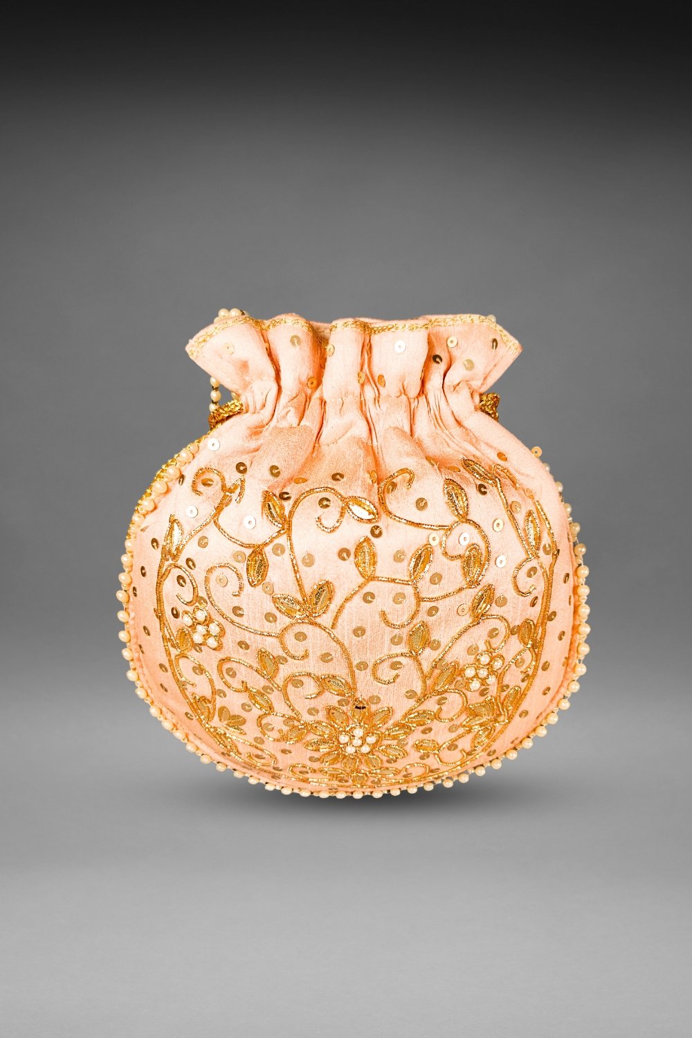 peach pearl work potli bag