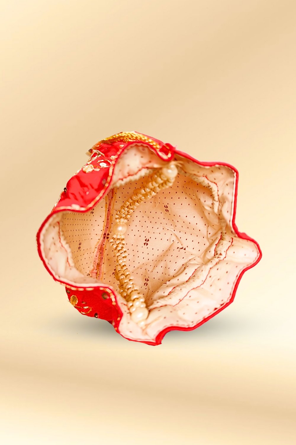 red pearl work potli bag