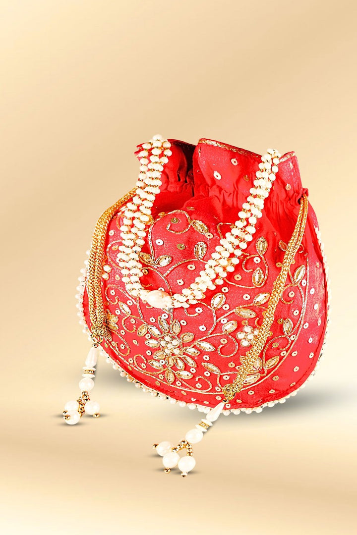 red pearl work potli bag