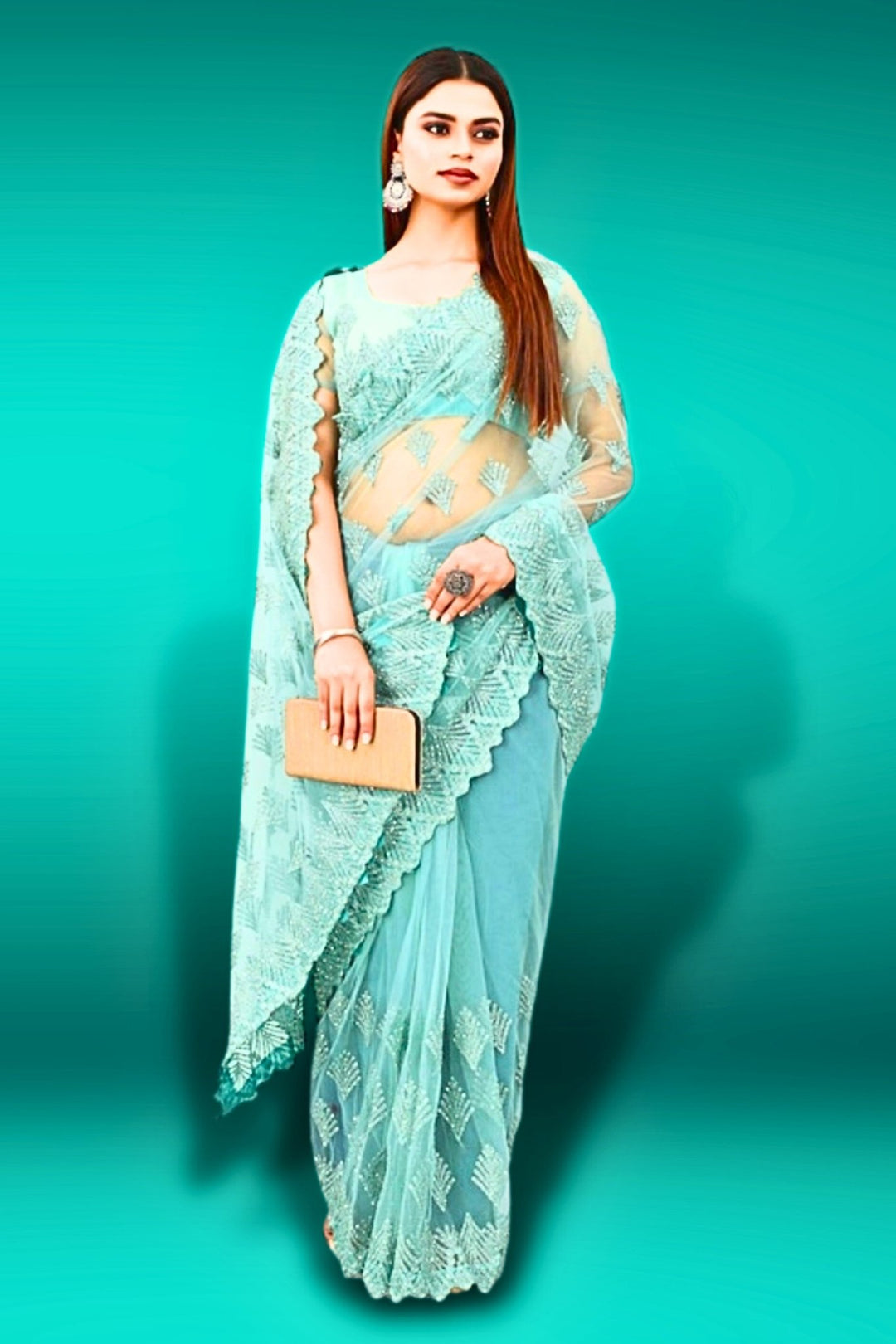 sky blue net saree - light blue net saree