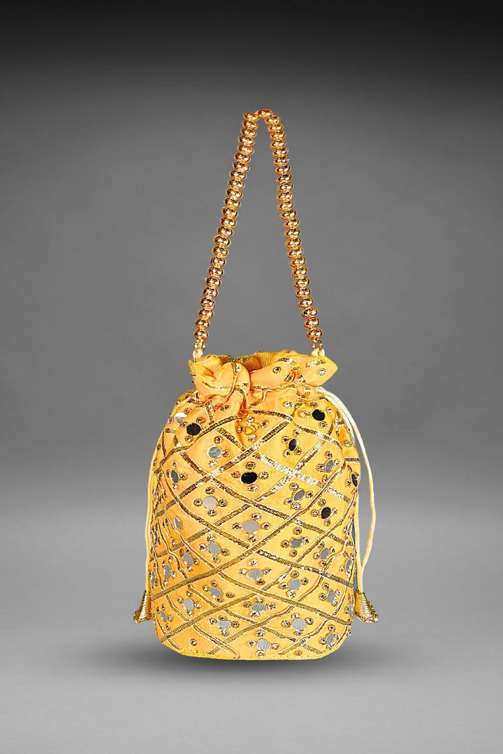 yellow mirror work potli bag