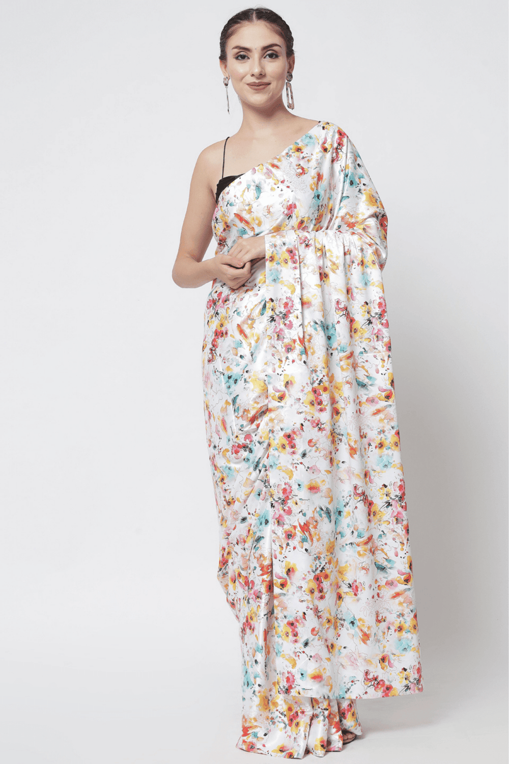 white satin saree - satin white saree