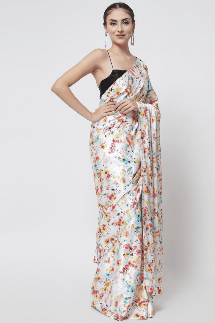 white satin saree - satin white saree