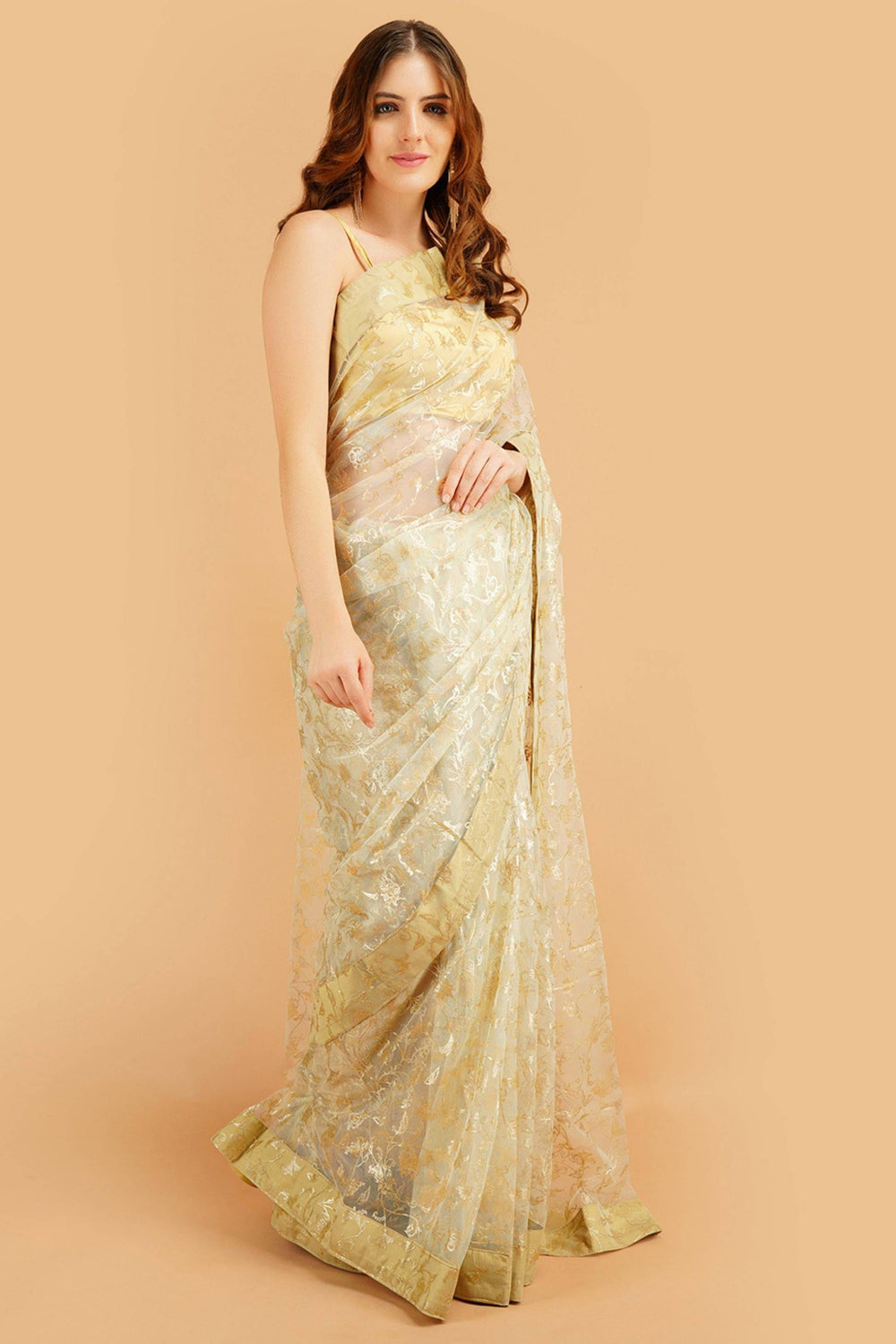 Sttylme - Divine Pista Foil Print Net Saree