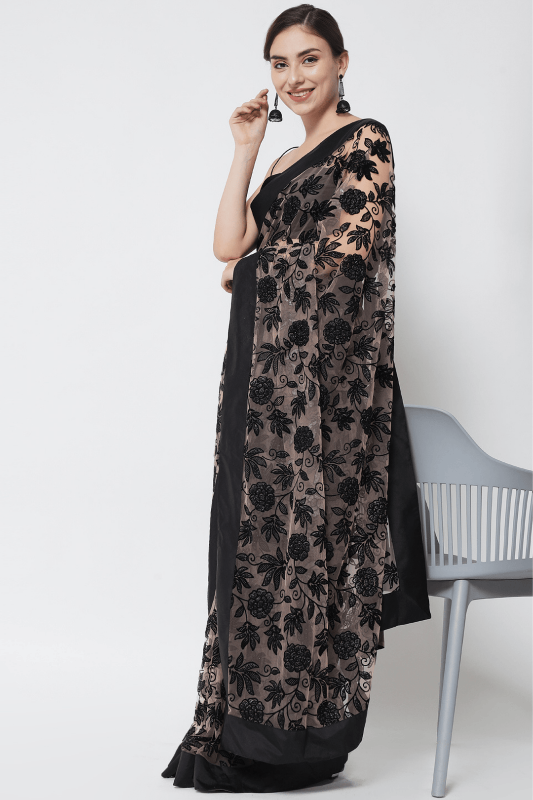 Sttylme - Miracle Velvet Peach Floral Saree